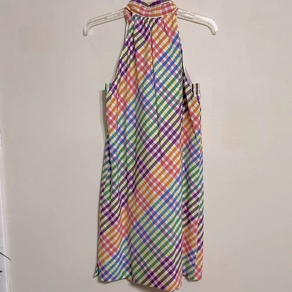 J. Crew Rainbow Gingham Plaid Tie Neck Mini Shift Dress Size Small New